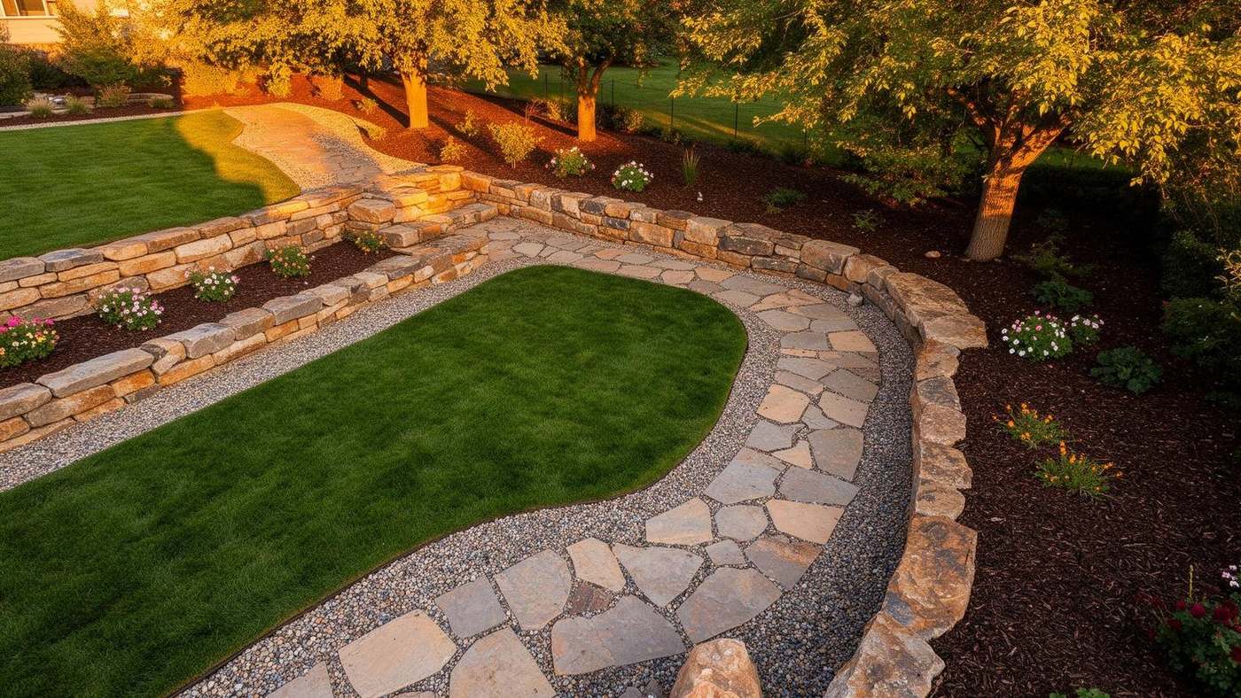 Beautiful landscaped yard with stone and mulch